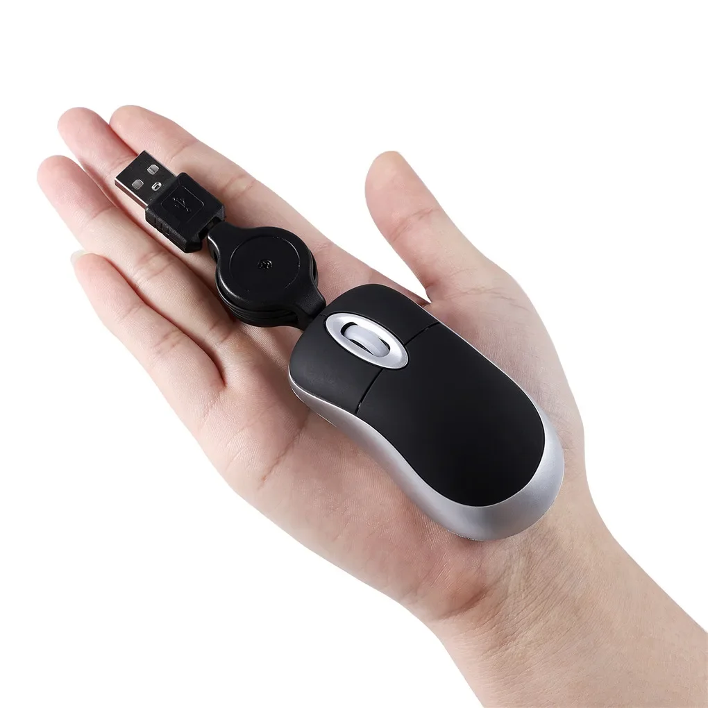 Color: Silver - Mini Portable Wired Mouse Retractable USB Cable Ergonomic Mause Anti Winding Office Computer Mice Retractable Adjustable Mice