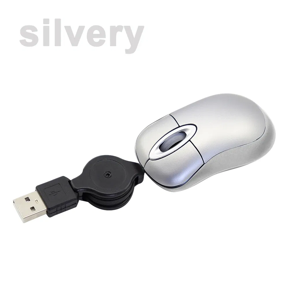 Color: Silver - Mini Portable Wired Mouse Retractable USB Cable Ergonomic Mause Anti Winding Office Computer Mice Retractable Adjustable Mice