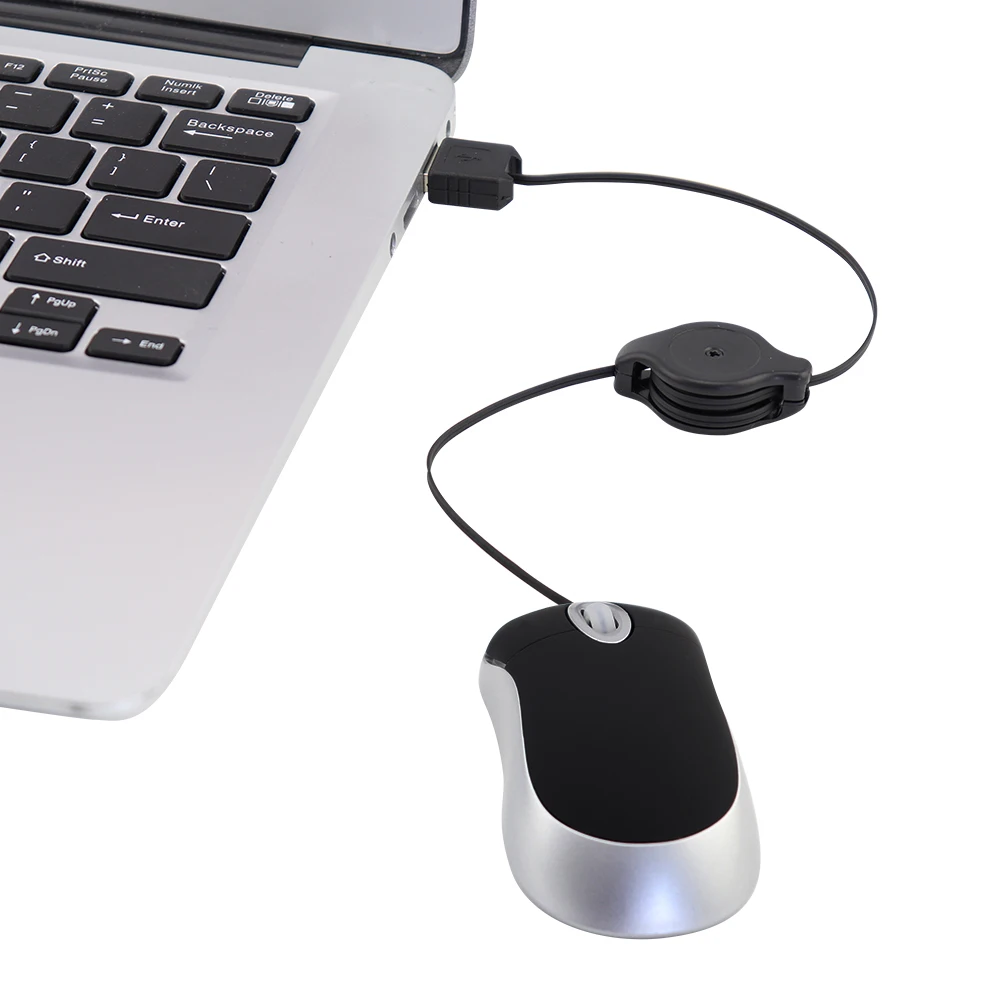 Color: Silver - Mini Portable Wired Mouse Retractable USB Cable Ergonomic Mause Anti Winding Office Computer Mice Retractable Adjustable Mice