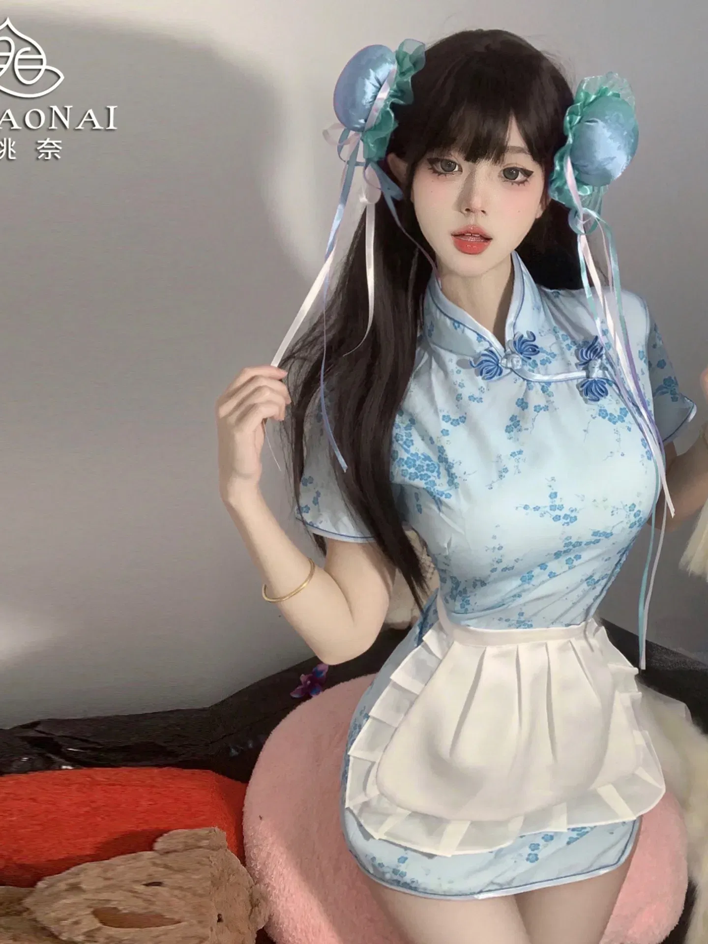 Size: S, Color: Beige - Sweet Chinese Cheongsam New Soft Girl Maid Cos Dress Elegant Pure Desire Girl Fashion Mini Dress Short Sleeve 2024 New 7AQF