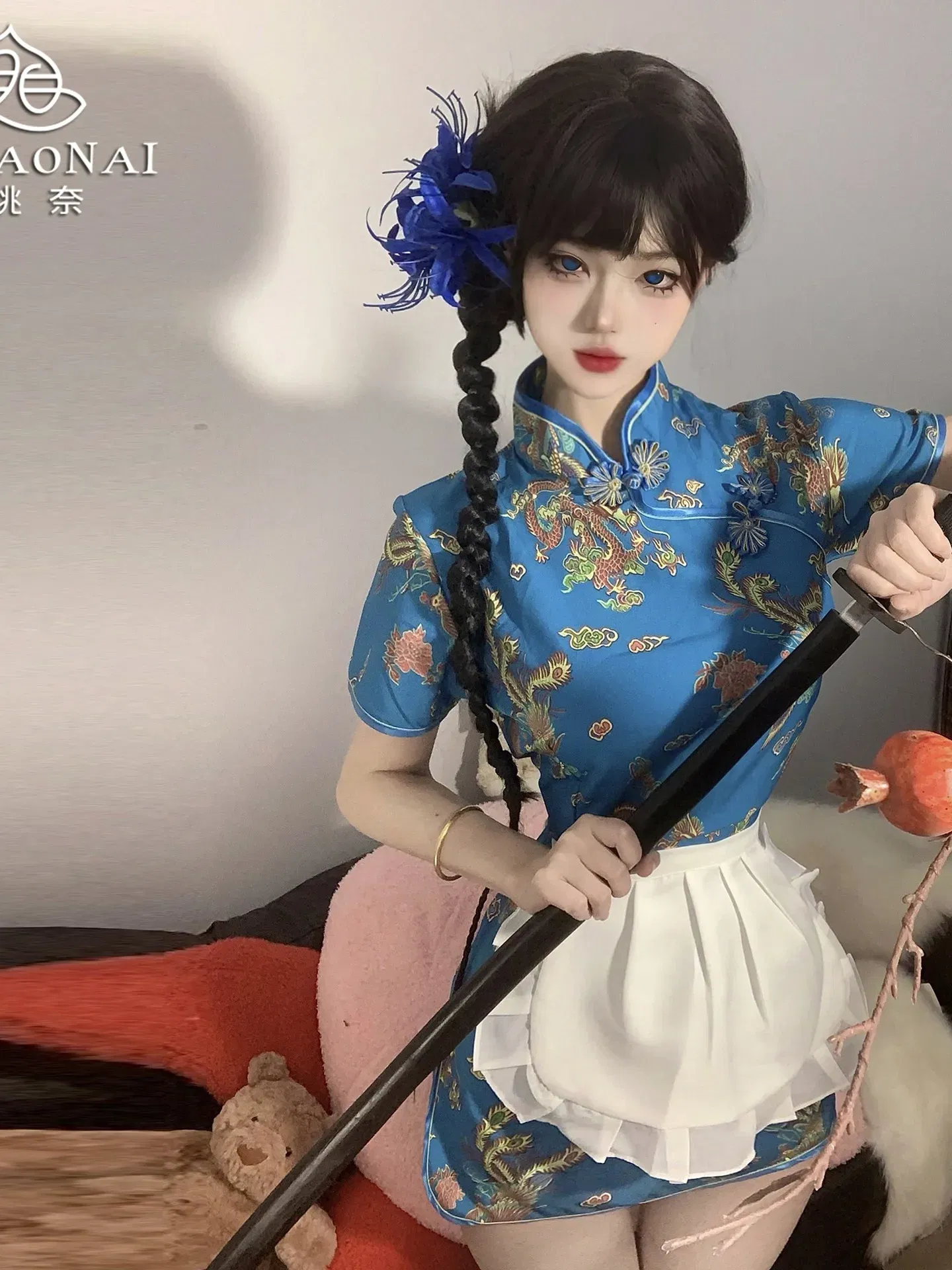 Size: S, Color: Beige - Sweet Chinese Cheongsam New Soft Girl Maid Cos Dress Elegant Pure Desire Girl Fashion Mini Dress Short Sleeve 2024 New 7AQF