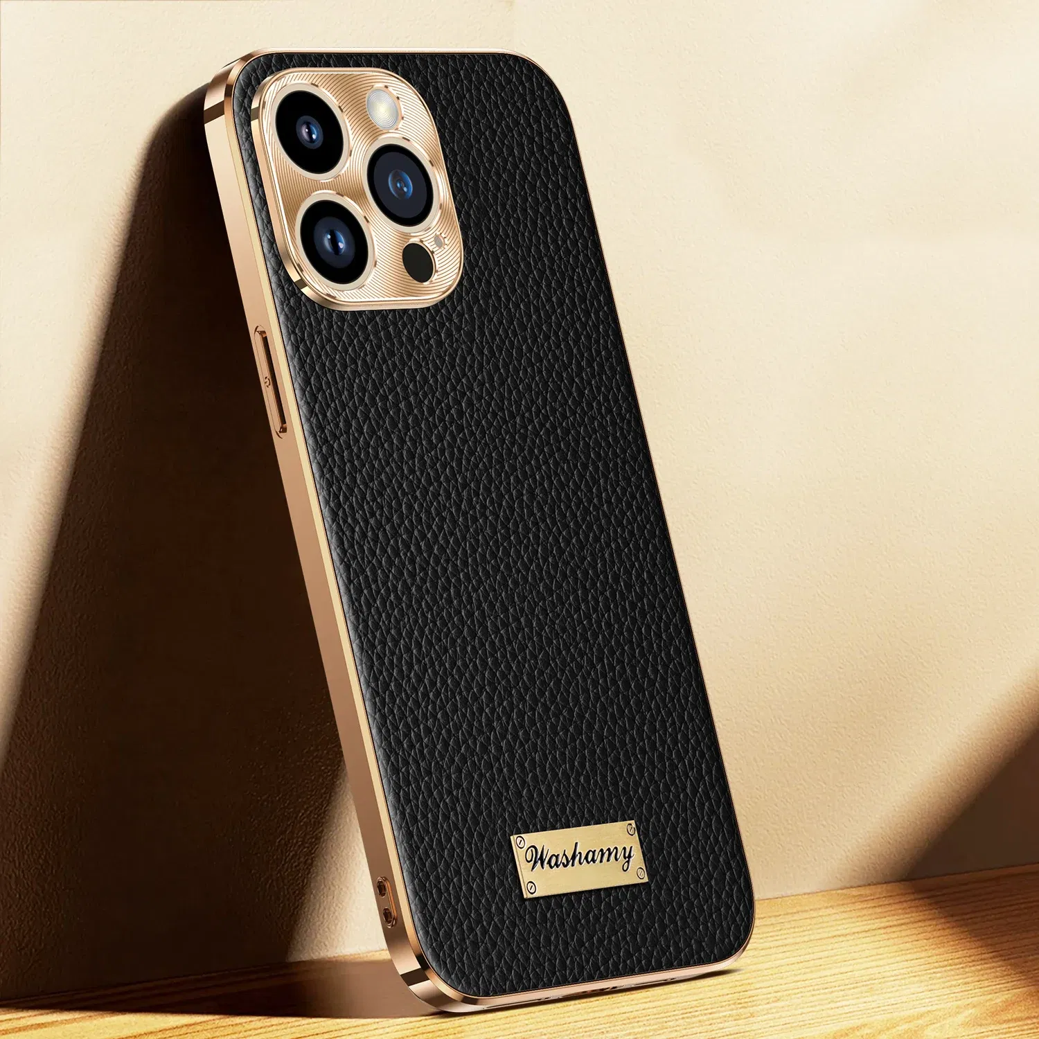 Color: black, Compatible-Phone Models: For iPhone 14 Pro - Luxury Genuine Leather Phone Case For iPhone 15 14 13 Pro Max Plating Soft Silicone Frame Shockproof Cover For iPhone 16 Pro Max