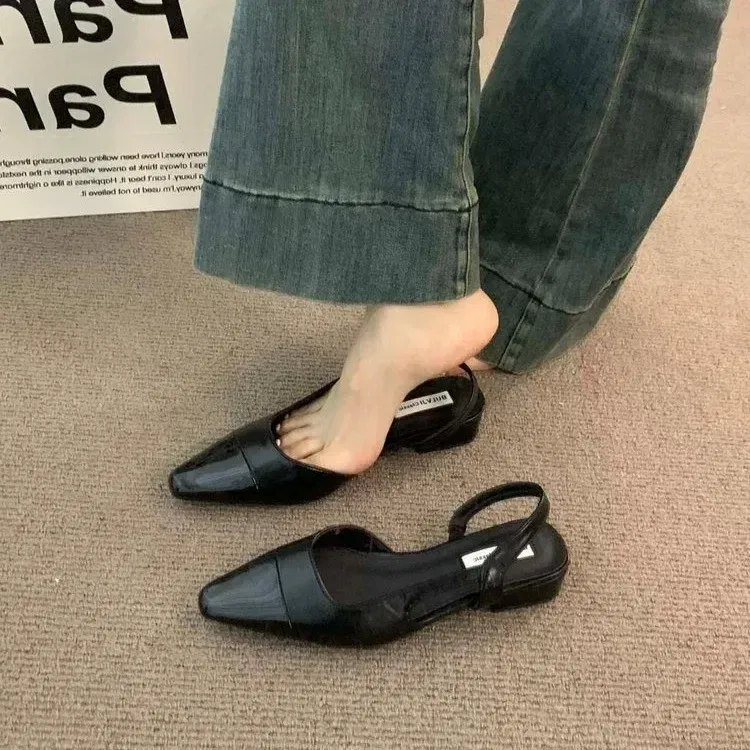 Color: black, Shoe Size: 36 - 24Low Heel Baotou Sandals Women's French Nude Color Pointed Small Fragrant Style Ladies Thick Heels Back Air Style Single Shoes