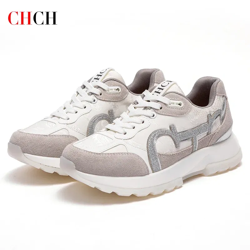 Color: black, Shoe Size: 35 - CHCH Women Tennis Shoes New Leather Splicing Student Sports Shoes
