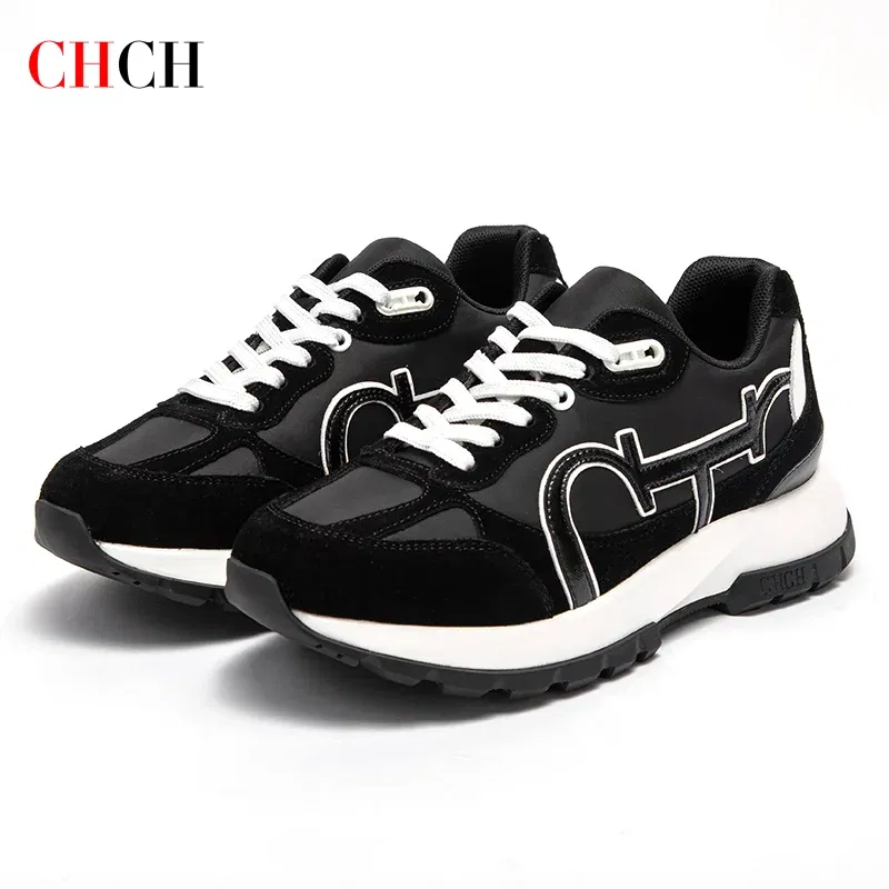 Color: black, Shoe Size: 35 - CHCH Women Tennis Shoes New Leather Splicing Student Sports Shoes