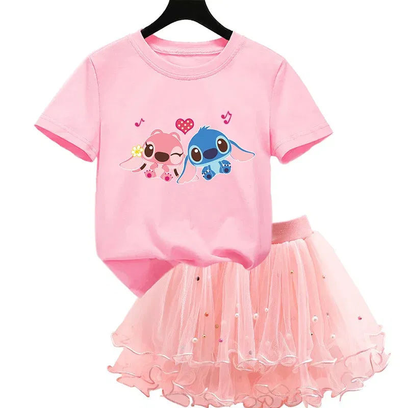 Color: Yellow, Kid Size: 4T - 2pcs Lilo Stitch Summer Girls Outfits Cartoon T-shirt and Tutu Skirt Princess Clothes Suit Children Birthday Clothing Sets