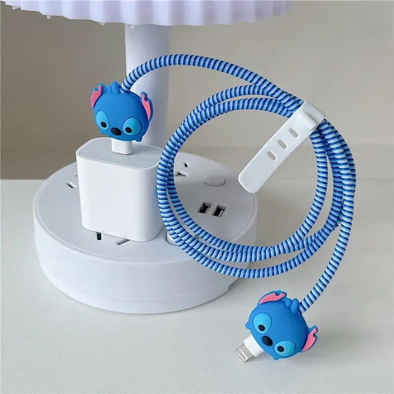 Color: Blue - 4pcs/set New Cute Cartoon Bite Data Cable Protection Case for Apple Huawei Charging Cable Universal Fall Protection Case