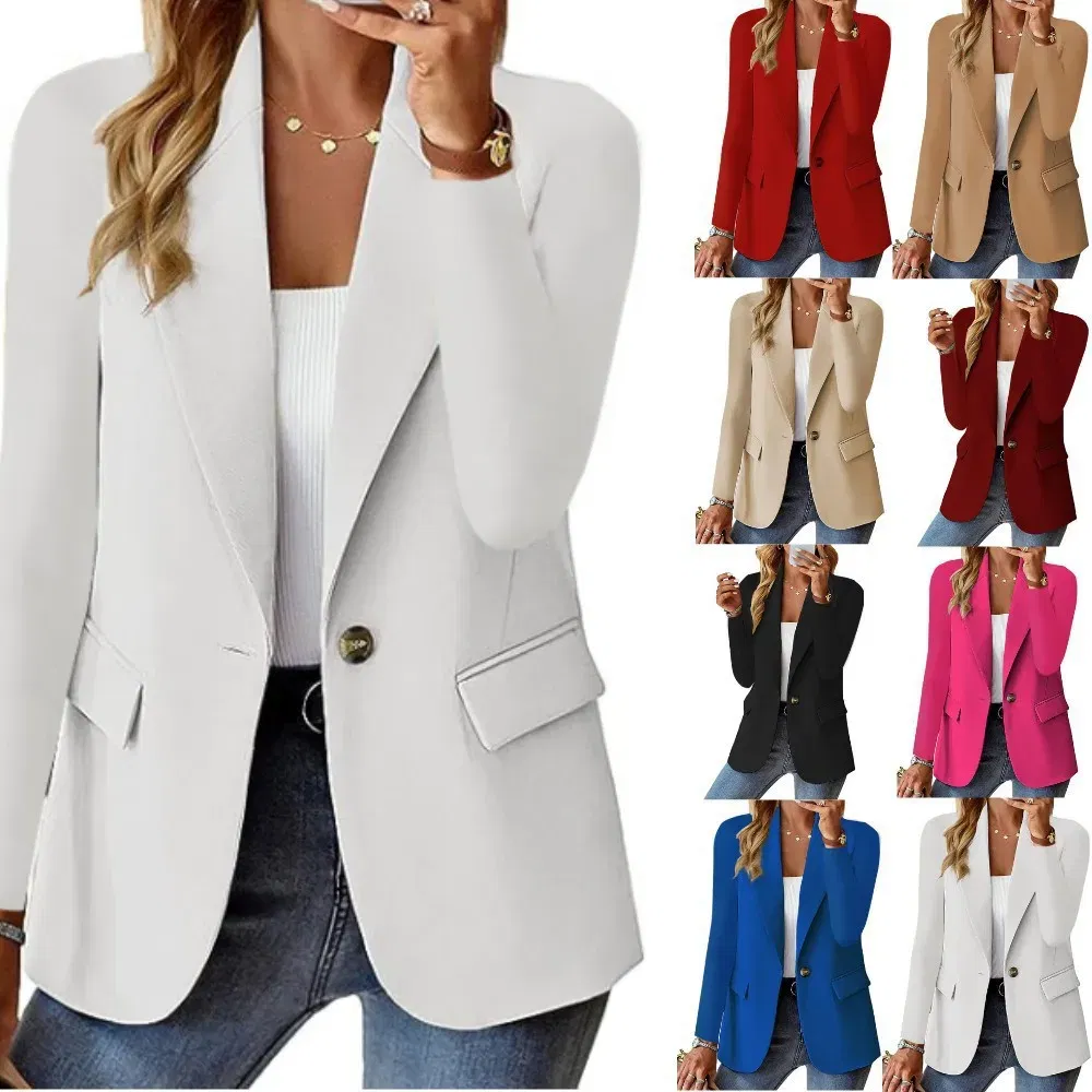 Color: WHITE, Size: XL - Womens Spring Winter Down Full Long Sleeve Coat Autumn Blazer Button Outwear Suit Cardigan Female