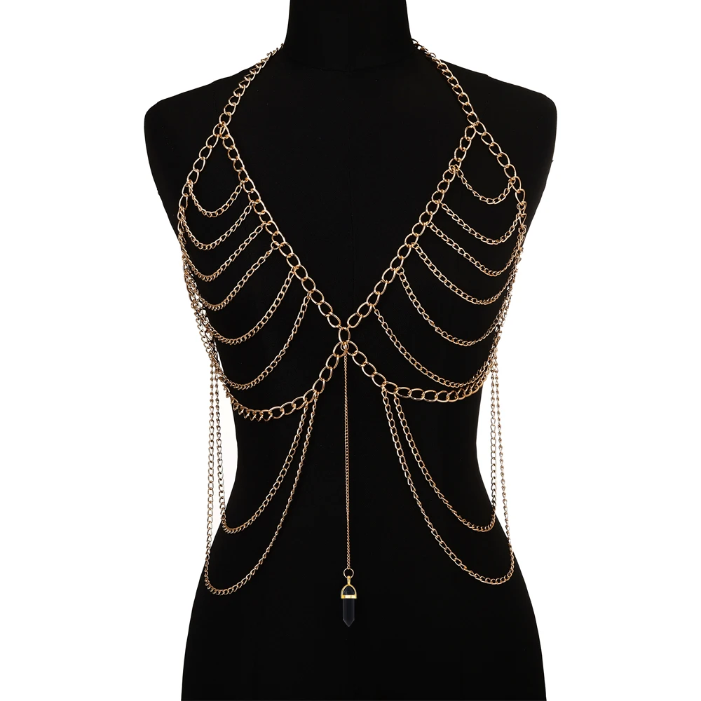 Metal color: Antique Gold Plated - Body Chain For Women Quartz Crystal Stone Chain Bra Metal Body Harness Top Sexy Accessories Jewelry