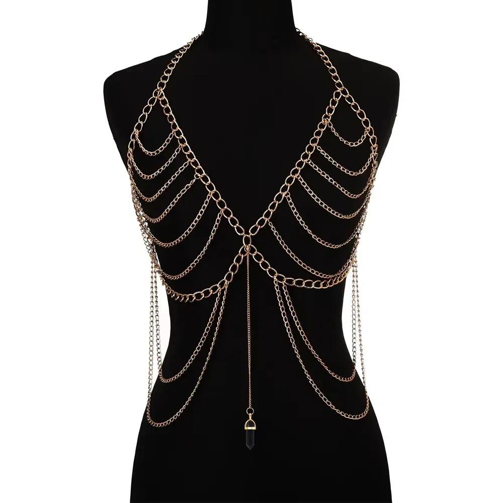 Metal color: Antique Gold Plated - Body Chain For Women Quartz Crystal Stone Chain Bra Metal Body Harness Top Sexy Accessories Jewelry