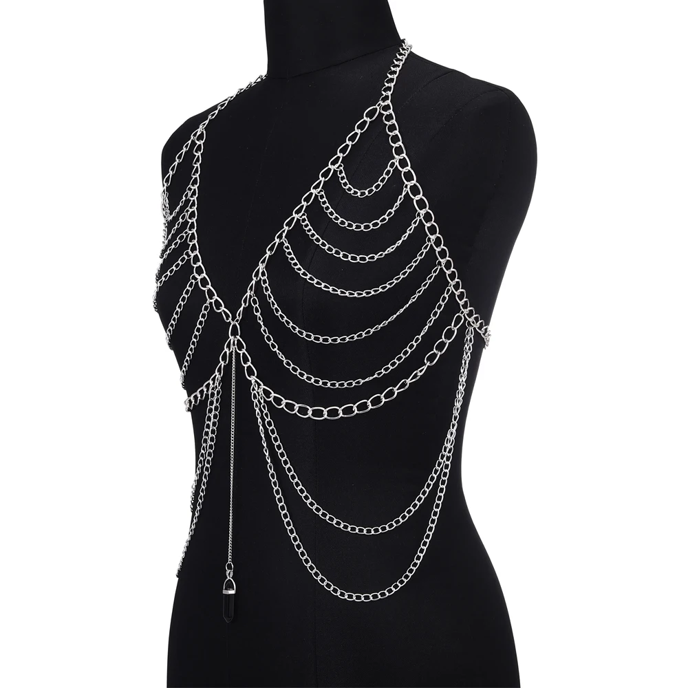 Metal color: Antique Gold Plated - Body Chain For Women Quartz Crystal Stone Chain Bra Metal Body Harness Top Sexy Accessories Jewelry