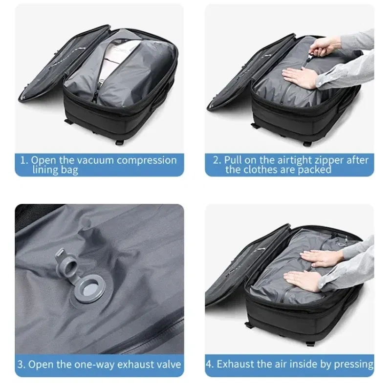 Color: SKY BLUE - Airback Vacuum Compression Backpack with Vacuum Pump 60L Expandable Travel Backpack for Men Women Airline Approved Business Bag