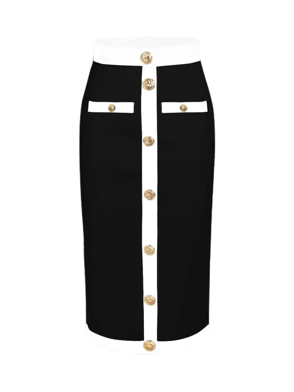 Color: black, Size: S - New Arrival Women Button Patchwork White Black Bodycon Bandage Skirt 2024 Designer High Waist Party Club Pencil Skirt 60cm