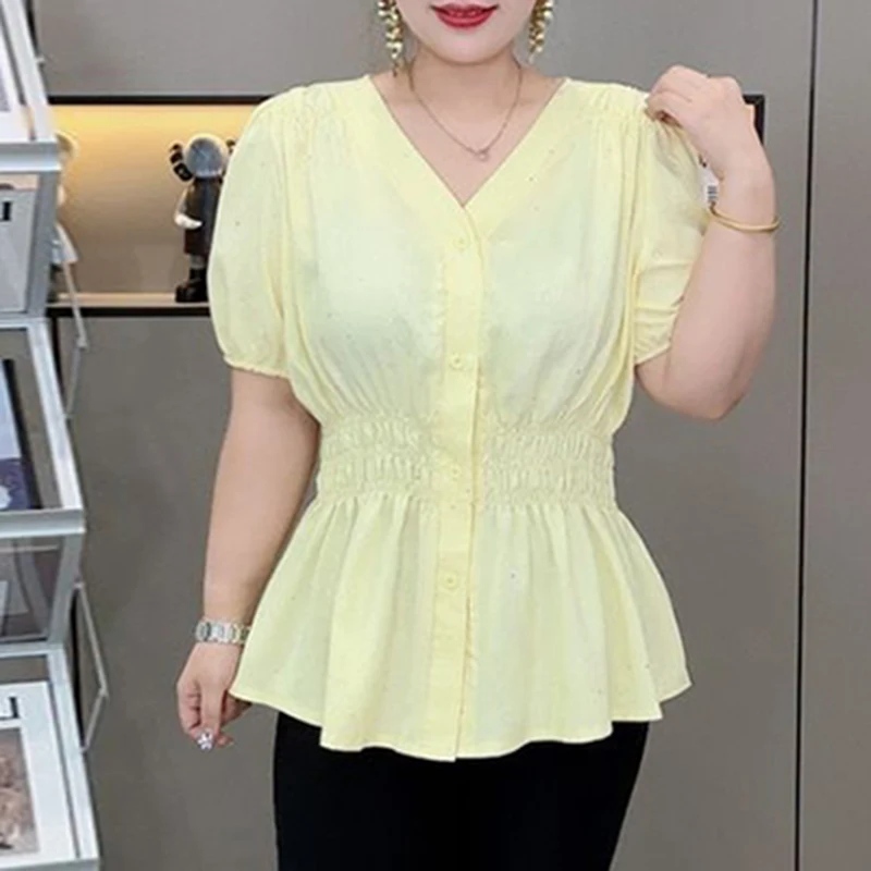 Color: Silver#, Size: 1XL - 200 Pounds Plus Size Elastic Waist Summer Shirt And Blouse Short Sleeve Solid Top Women's New In Clothes Simple V-neck French