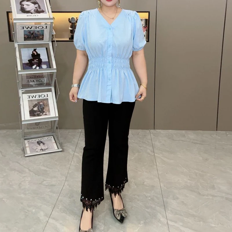 Color: Silver#, Size: 1XL - 200 Pounds Plus Size Elastic Waist Summer Shirt And Blouse Short Sleeve Solid Top Women's New In Clothes Simple V-neck French
