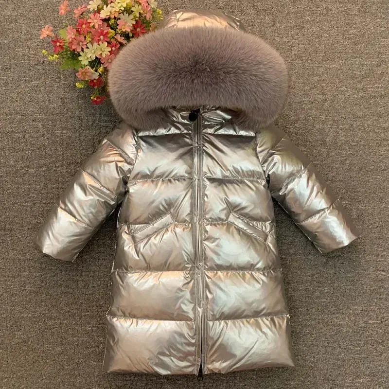 Color: Brown, Kid Size: 10 - Children Girl boy Winter real fur thickened down jackets 90 down Long Coat jacket overcoat baby kids clothing -30 outwear ws1245