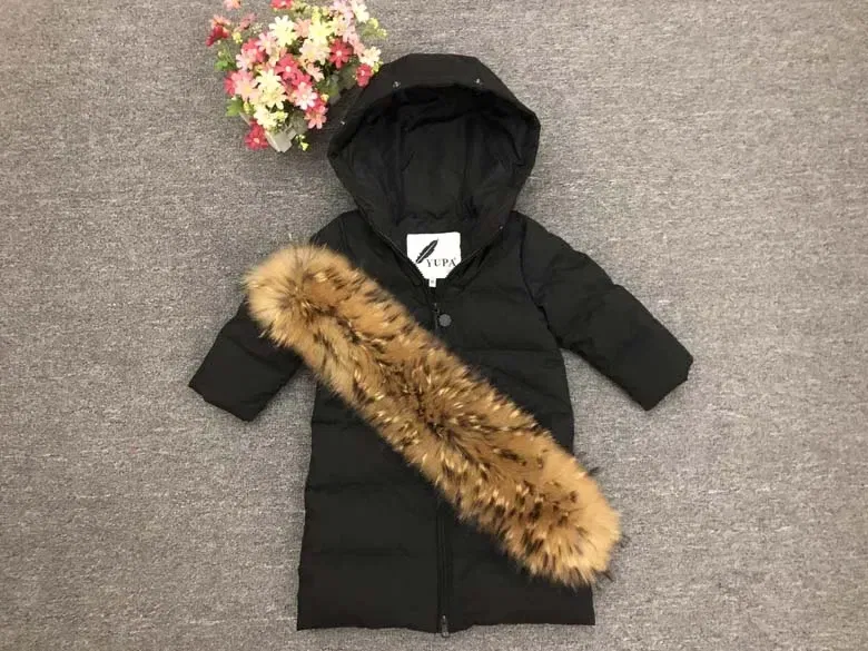 Color: Brown, Kid Size: 10 - Children Girl boy Winter real fur thickened down jackets 90 down Long Coat jacket overcoat baby kids clothing -30 outwear ws1245