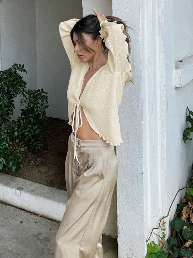 Color: Beige, Size: M - 2025 Women Pleated Plain Shirts Spring Fall Chic Long Flare Sleeve V- Neck Tie Up Cardigans Tops for Casual Party Street