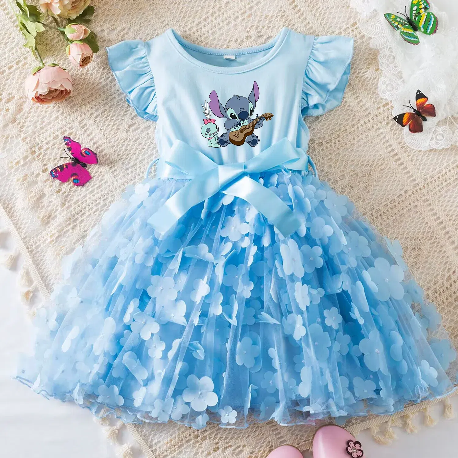 Color: SKY BLUE, Size: L - 3D Butterfly Cute Lilo Stitch Summer Dress for Kid's Casual Clothes Baby Girls Beautiful Princess Dress Party Dresses 2-6 Yrs