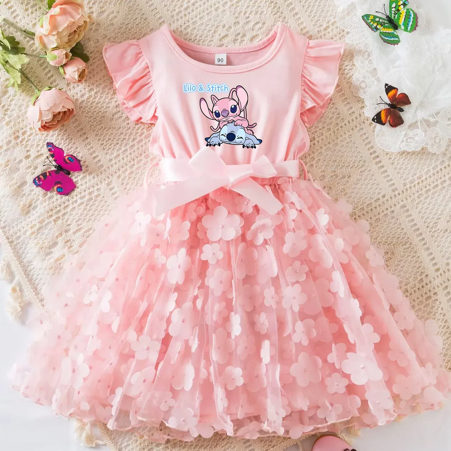Color: SKY BLUE, Size: L - 3D Butterfly Cute Lilo Stitch Summer Dress for Kid's Casual Clothes Baby Girls Beautiful Princess Dress Party Dresses 2-6 Yrs