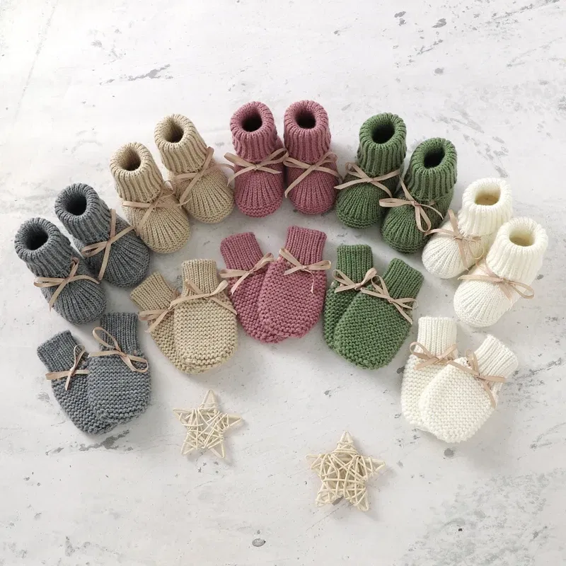 Color: Clear, Baby Age: 0-6 Months - Baby Shoes + Gloves Set Knit Newborn Girls Boys Boots Mitten Fashion Butterfly-knot Toddler Infant Slip-On Bed Shoes Hand Made