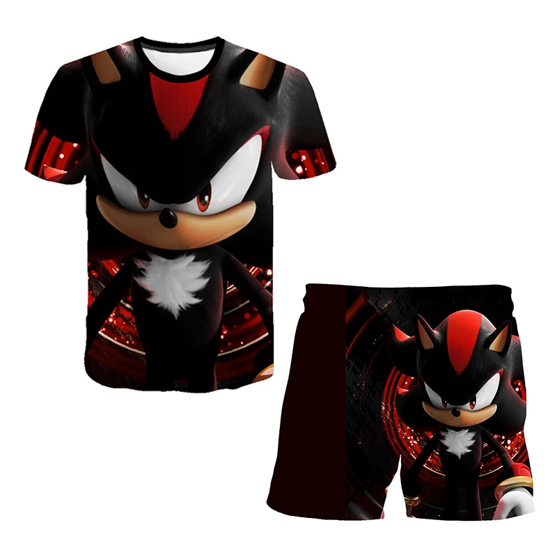 Color: light green, Size: >40cm - New Japanese cartoon Sonic T-shirt children's top T-shirt shorts two-piece set summer boy cartoon cute T-shirt+beach pants