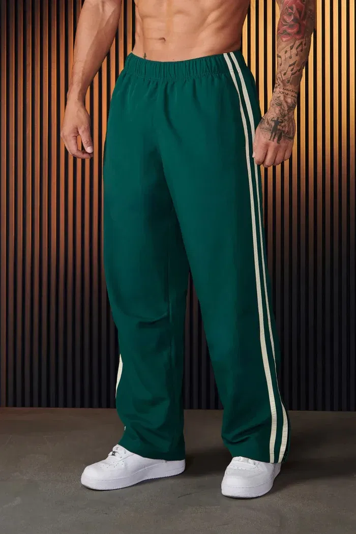Color: Beige, Size: S - Jogger Men's Sweatpants Gym Sports Fitness Splicing Strips Printing Mid Waist Casual Pants Ya Fashion Men Clothing Wide Leg Pan