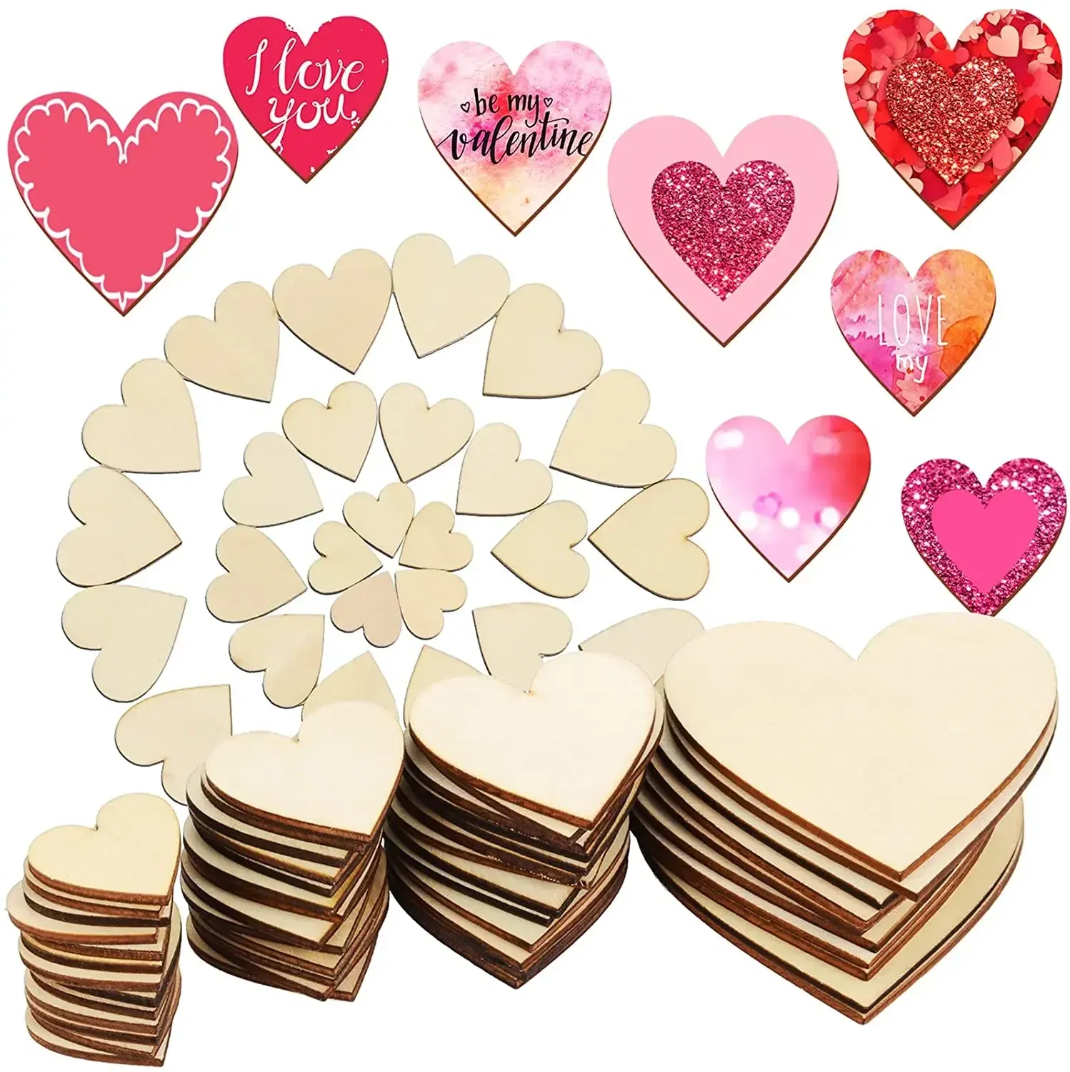 Color: Light Grey, Wood Thickness: 7mm - 1-10cm Unfinished Wooden Hearts Love Blank Wood Slices DIY Wooden Crafts For Christmas Painting Wedding Ornaments