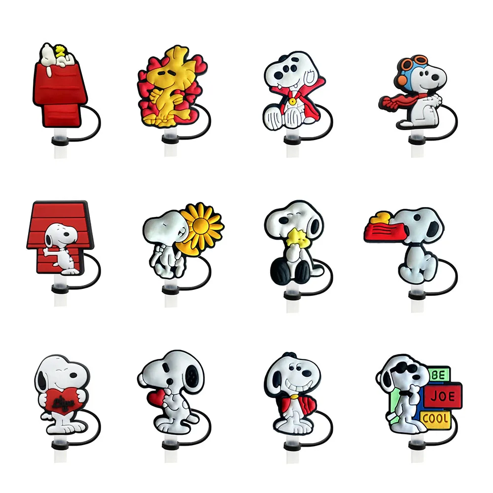 Color: black - 1-12PCS Cute  MINISO Snoopy Straw Cover Cap With 30&40Oz Cup10mm Straw Toppers Reusable Dust-Proof Straw Caps Cartoon Drink Stra