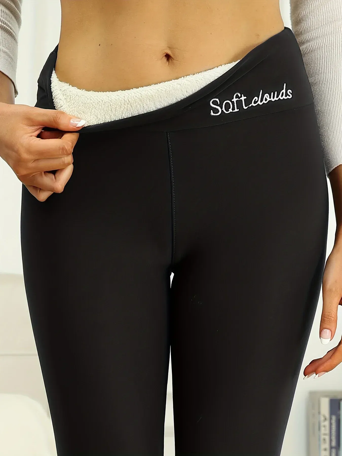Color: GRAY, Size: XL - Winter Women Warm Leggings Plush Lined Thermal Pants Thickened Letter Embroidery Slim Elastic Tights