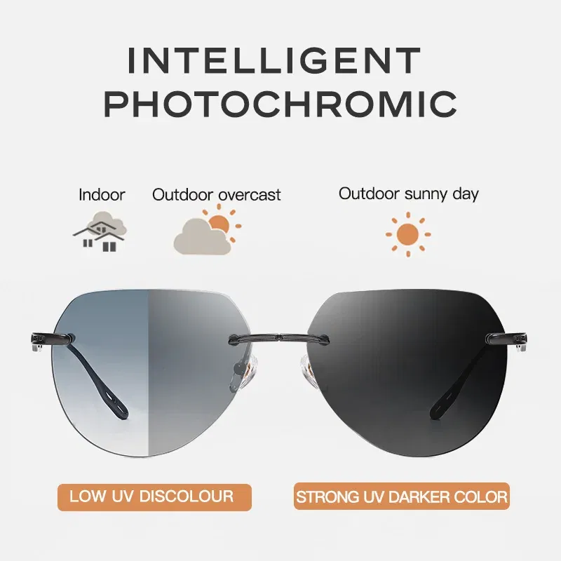Benywoods Design Fashion Rimless Men's Sunglasses Gradient Photochromic UV400 Outdoor Sun Glasses Pure Titanium Eyewear BS23052