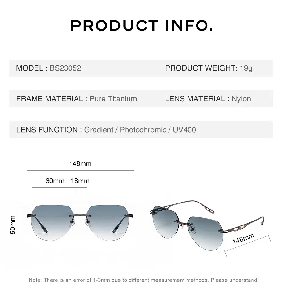 Benywoods Design Fashion Rimless Men's Sunglasses Gradient Photochromic UV400 Outdoor Sun Glasses Pure Titanium Eyewear BS23052