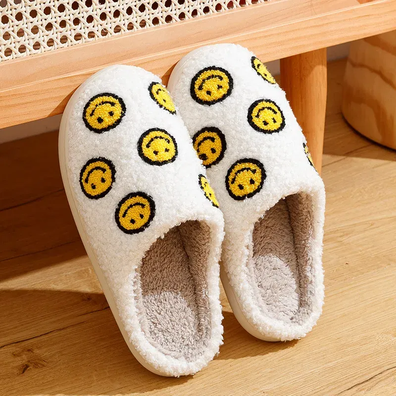 Color: light yellow, Shoe Size: 4.5 - Little Cute Smile Women Slippers Houseshoes House Smile Face Ladies Indoor Winter Fluffy Cozy Home Comfy Shoes