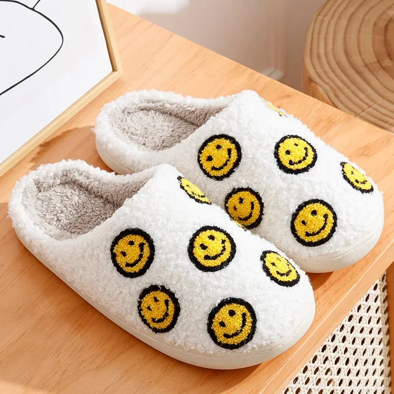 Color: light yellow, Shoe Size: 4.5 - Little Cute Smile Women Slippers Houseshoes House Smile Face Ladies Indoor Winter Fluffy Cozy Home Comfy Shoes
