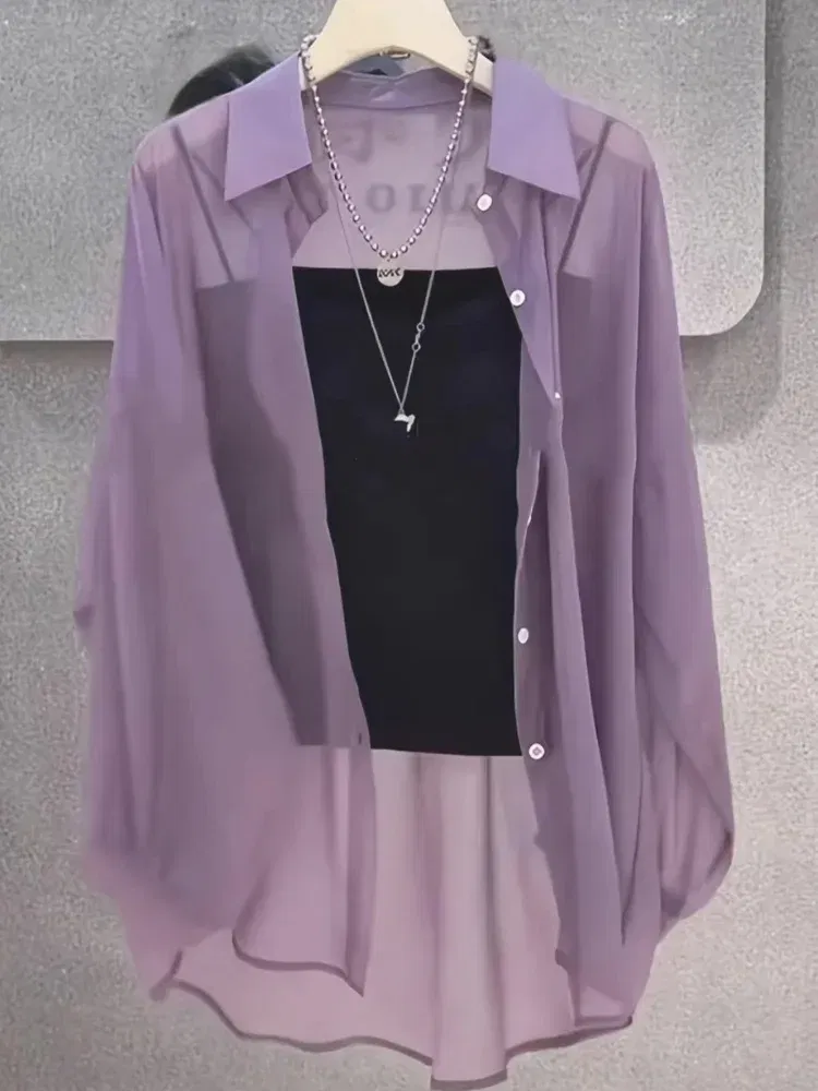 Size: 1XL, Color: Natural - Plus Size Women?™s Shirts 2025 Summer Breathable and Sun-Proof Ice Silk with Button Thin Loose Sheer Chiffon Blouses Long Sleeve