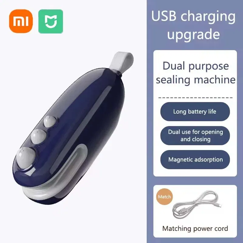Color: Blue - XIAOMI Mini Sealing Machine Handheld Heated Portable USB Recharge Food Bag Sealer Household Magnetic Packaging Cut Seal Dual Use