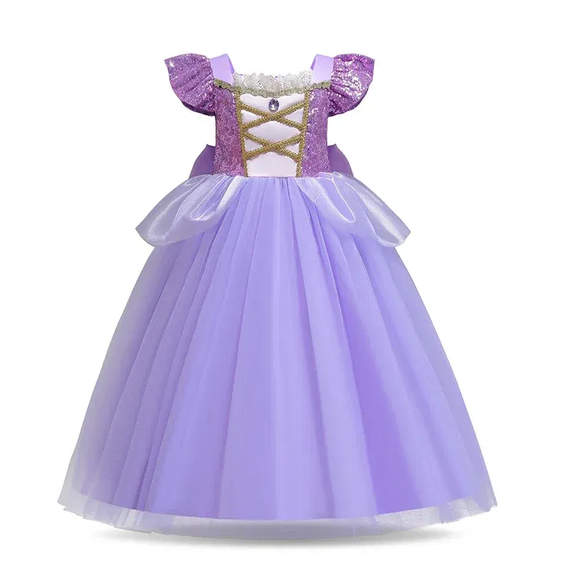 Color: MULTI, Kid Size: 13 - Disney Deluxe Elegant Rapunzel Princess Ball Gown Fancy Birthday Party Dress Cinderella Vestidos Costume Play Carnival Apparel