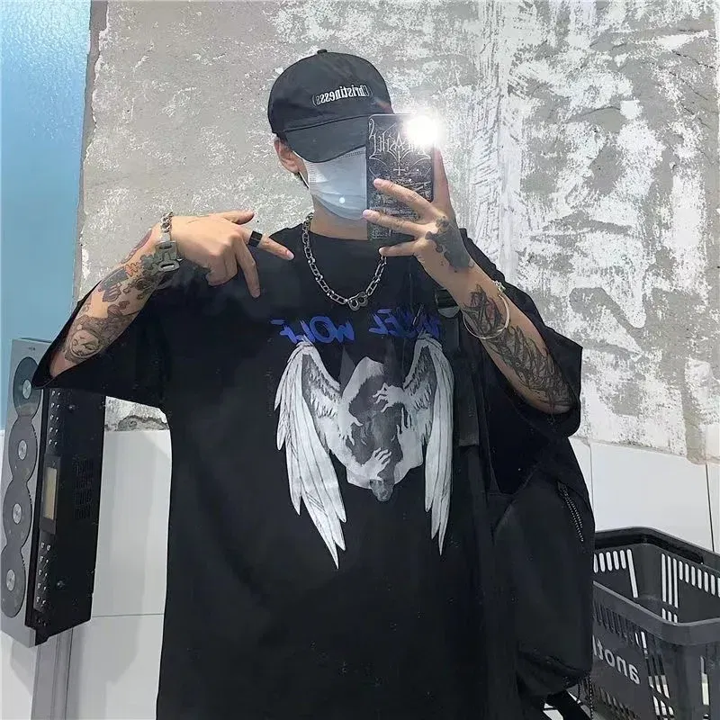 Color: Dark Grey, Size: M - Men T-shirts 2023 Summer Streetwear High Street Gothic Skull Tshirt Loose Oversized Short-sleeved T shirt Dark Anime Men Y2k Top