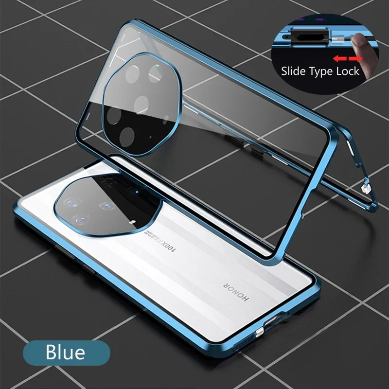 Color: Blue, Material: Plastic - Double Sided Glass Magnetic Metal Snap Lock Phone Case For Honor Magic 4 5 Ultimate 6 Lite 7 Pro Lens Protection Cover Cases
