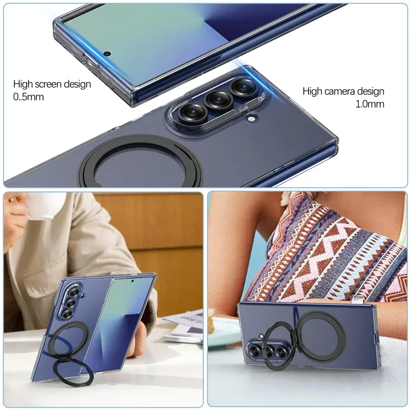 Color: army green, Compatibility by Model: Galaxy Z Fold7 - 360?° Rotating Magnetic Holder Phone Case For Samsung Galaxy Z Fold 7 Magsafe Wireless Charging Transparent Hard Shockproof Cover