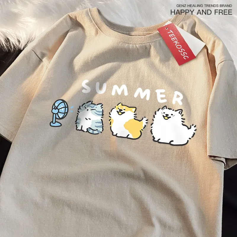Color: Pink, Size: XL - Cats And Dogs Blowing Fans Print T Shirts Men Women Cute Crewneck Clothes Loose Summer T-Shirts Fashion Cotton Short Sleeve