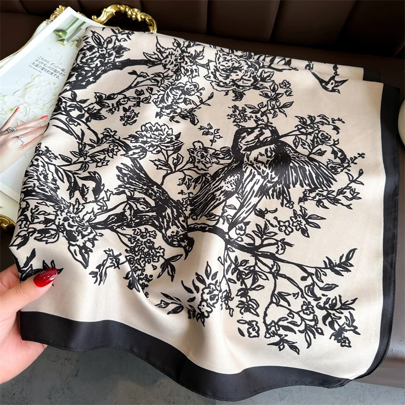 Color: Beige, Size: One Size, Ships From: CHINA - Ink Painting Silk Scarf 90cm Twill Scarves Large Square Sunscreen Shawl Headscarf for Women Hijab Luxury Bufanda Foulard