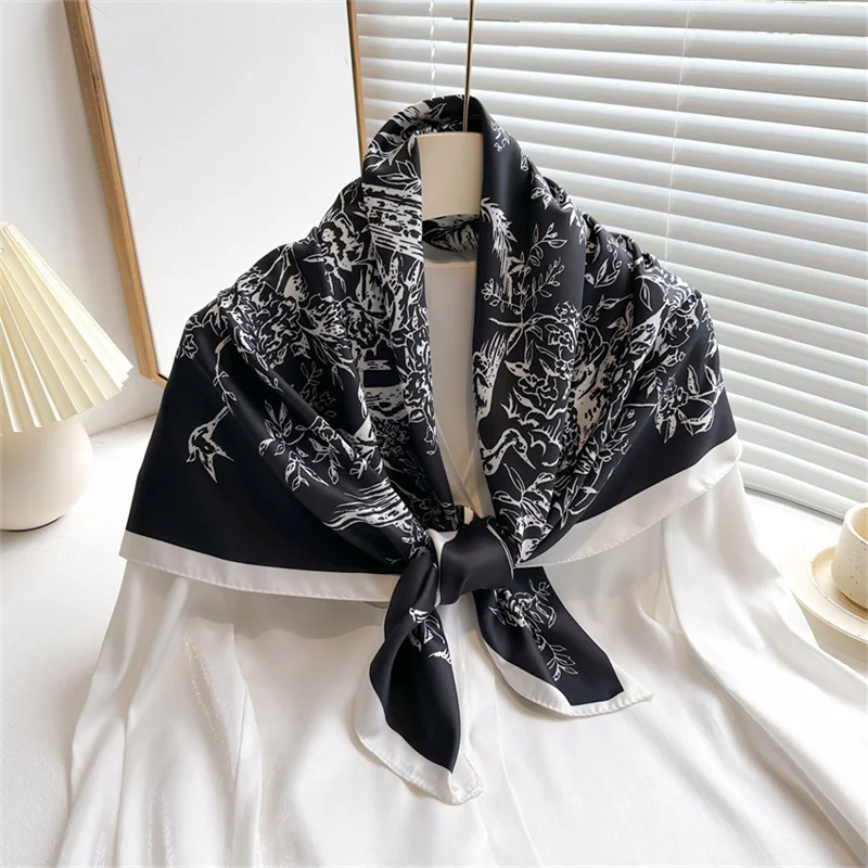 Color: Beige, Size: One Size, Ships From: CHINA - Ink Painting Silk Scarf 90cm Twill Scarves Large Square Sunscreen Shawl Headscarf for Women Hijab Luxury Bufanda Foulard