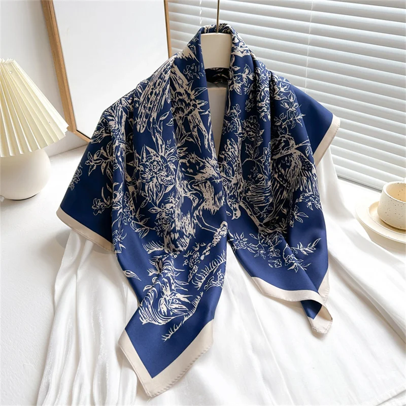 Color: Beige, Size: One Size, Ships From: CHINA - Ink Painting Silk Scarf 90cm Twill Scarves Large Square Sunscreen Shawl Headscarf for Women Hijab Luxury Bufanda Foulard