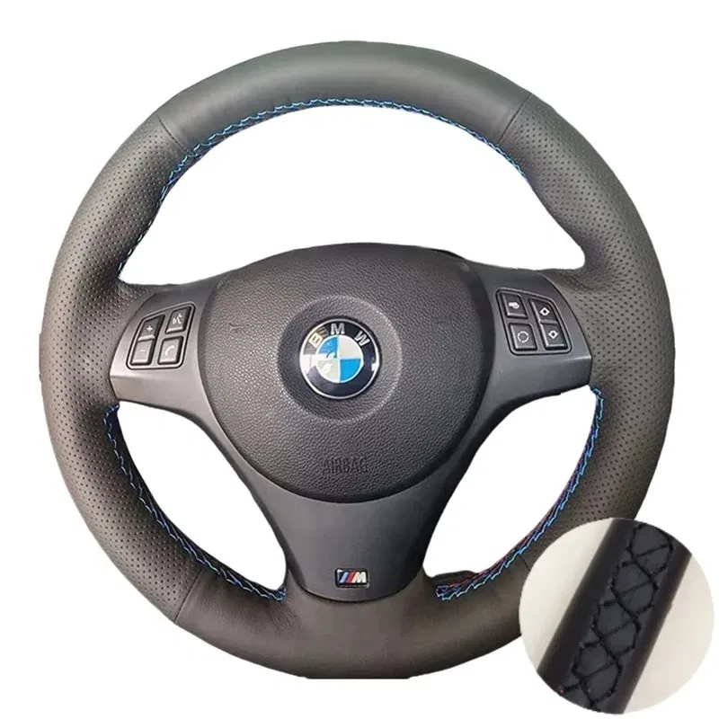 Color Name: black - Full Black Leather Car Steering Wheel Braid Soft Leather Cover For BMW E81 E90 Pack M Sport M3 E91 E92 E93 E87 E82 E88 X1 E84