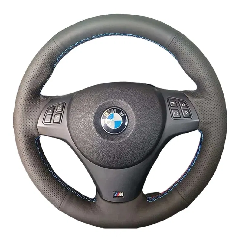 Color Name: black - Full Black Leather Car Steering Wheel Braid Soft Leather Cover For BMW E81 E90 Pack M Sport M3 E91 E92 E93 E87 E82 E88 X1 E84
