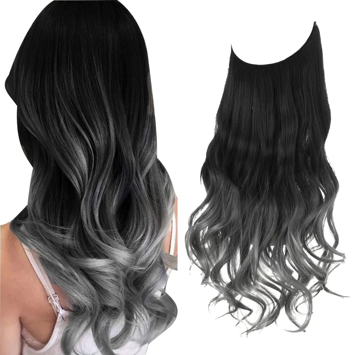 Color: 4/27HL, Stretched Length: 18inches - Synthetic No Clip Wave Hair Extensions Ombre Natural Black Blonde Pink One Piece False Hairpiece Fish Line Fake Hair Piece