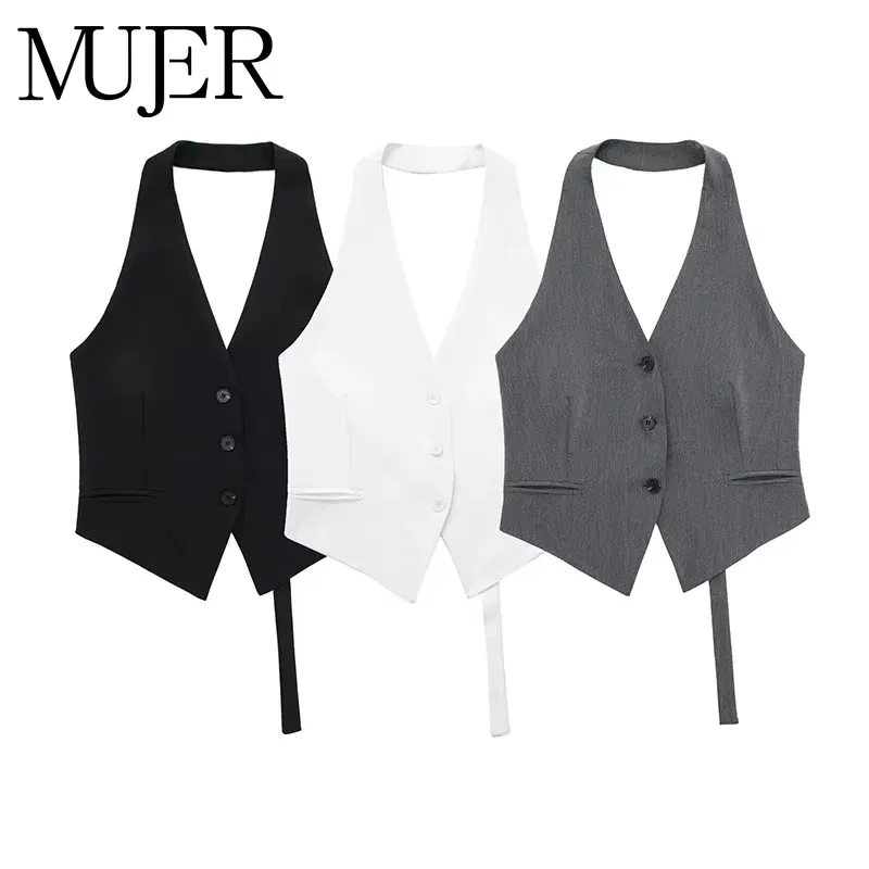 Color: GRAY, Size: XS - MUJER Off Shoulder Sleeveless Vest Women Black White Cropped Vest Woman Fashion Backless V Neck Short Coats Summer Waistcoat