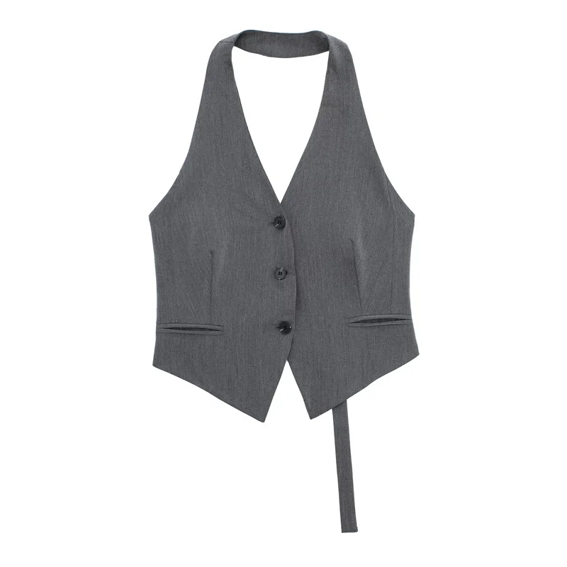 Color: GRAY, Size: XS - MUJER Off Shoulder Sleeveless Vest Women Black White Cropped Vest Woman Fashion Backless V Neck Short Coats Summer Waistcoat