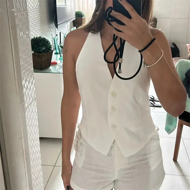 Color: GRAY, Size: XS - MUJER Off Shoulder Sleeveless Vest Women Black White Cropped Vest Woman Fashion Backless V Neck Short Coats Summer Waistcoat